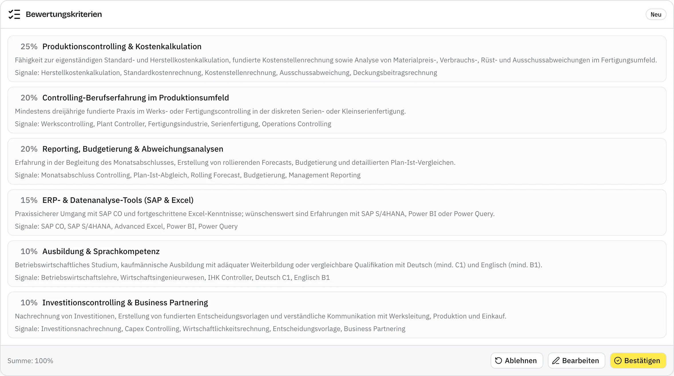 Sechs Bewertungskriterien mit Gewichtungen, Summe 100 Prozent und den Buttons Ablehnen, Bearbeiten und Bestätigen vor dem Matching.