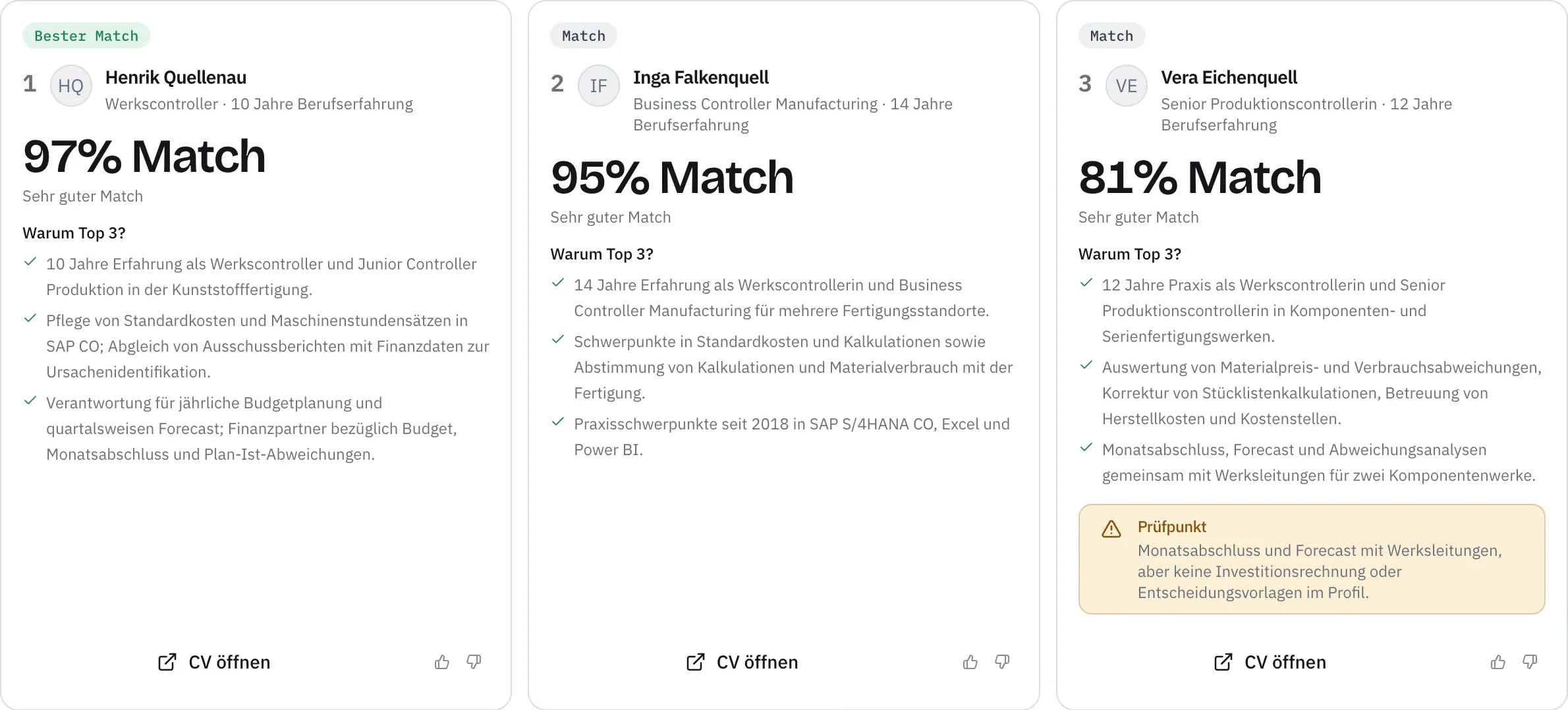 Drei synthetische Kandidaten mit 97, 95 und 81 Prozent Match, Begründungen und einem Prüfpunkt.